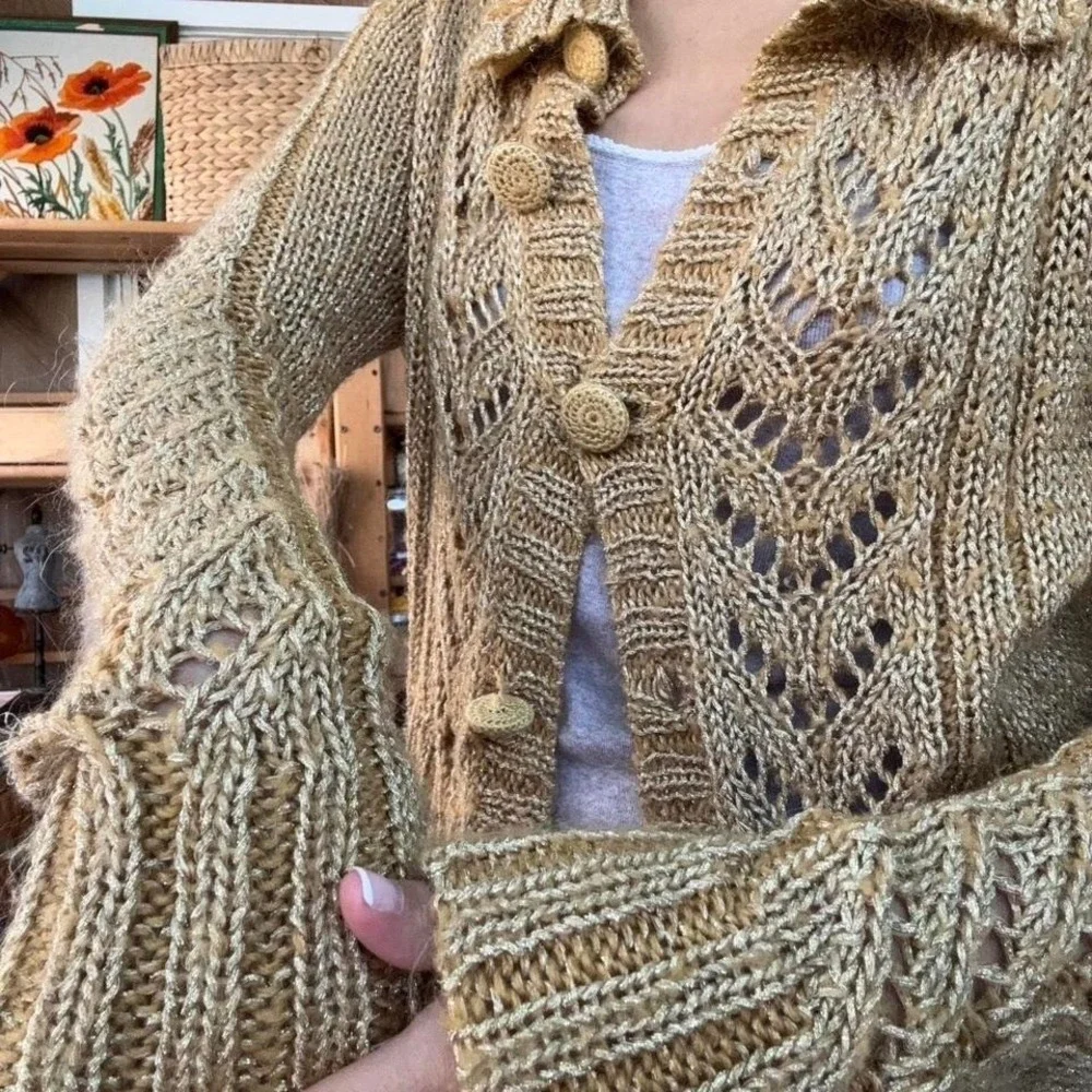 BCBGIRLS Gold Metallic Knit Cardigan Sweater Mustard Yellow Pointelle Button Up - Picture 3 of 8